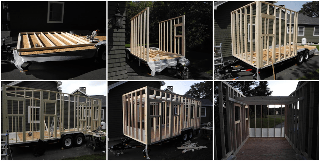 different phases of tiny house rough framing of first floor