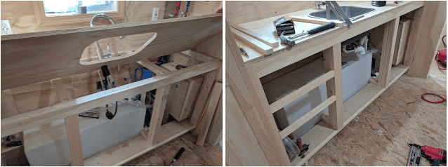 The plumbing in the tiny house is hidden under the sink side