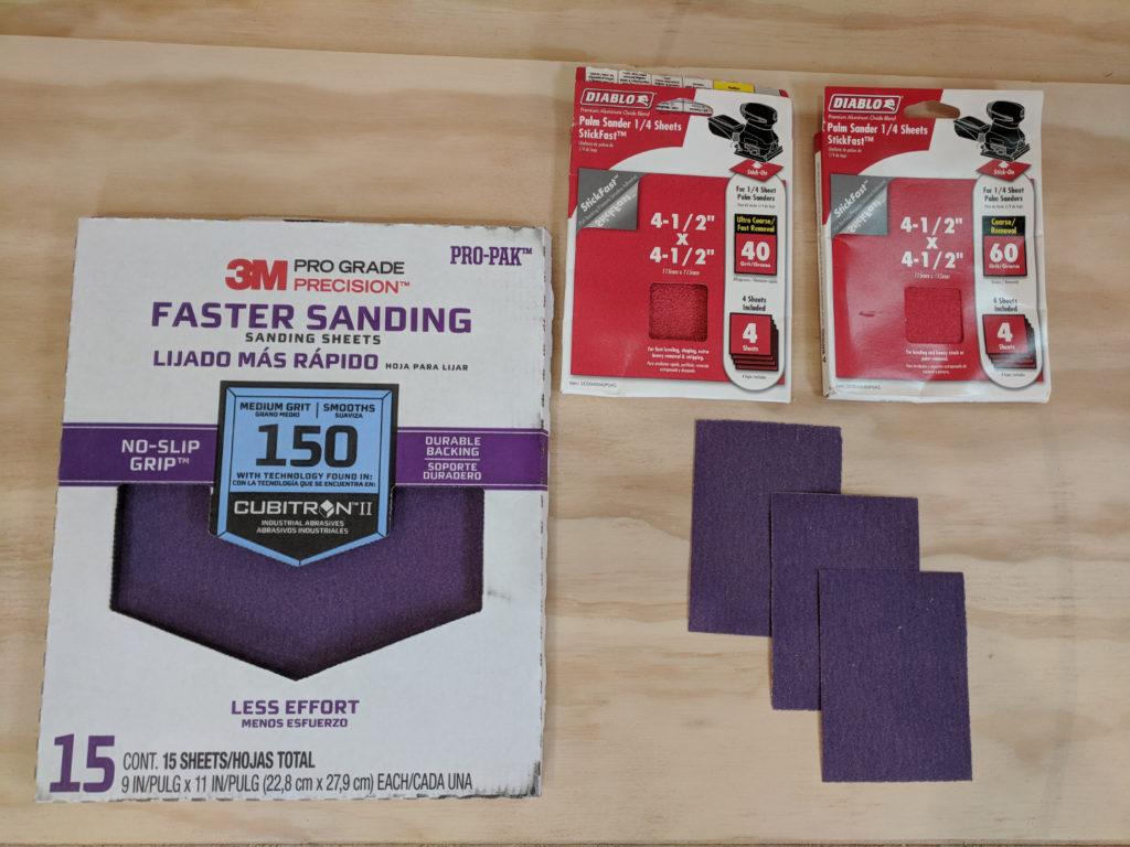 Some of the different sandpapers used in the tiny house